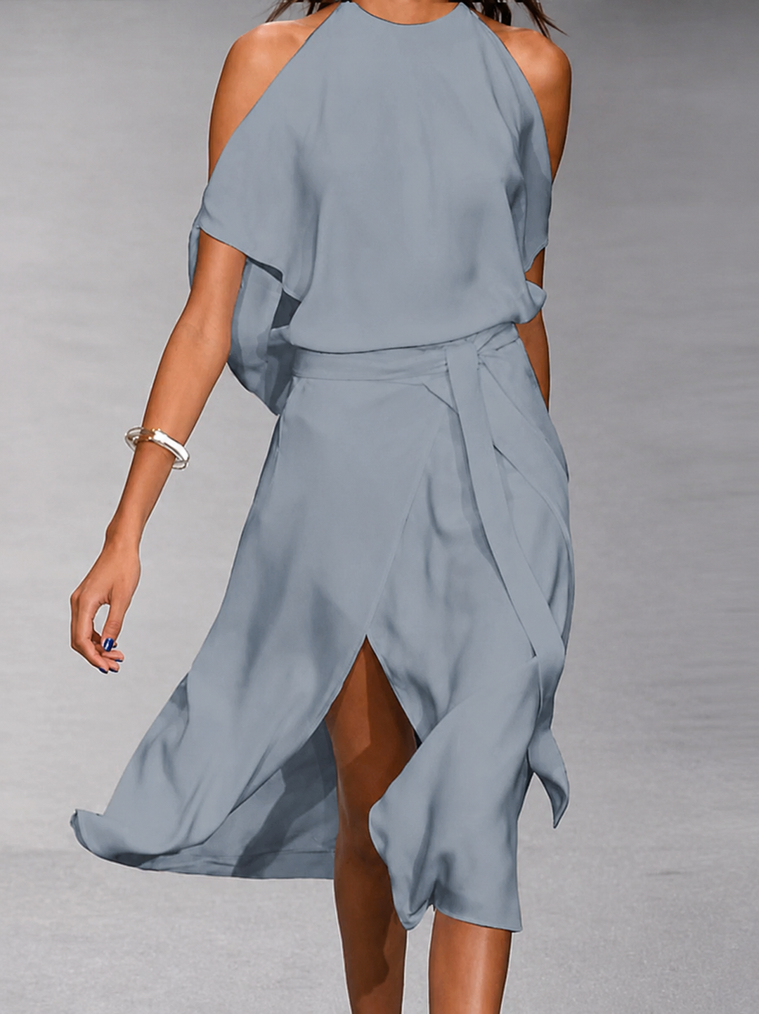 Elegant grey asymmetric midi dress for women with stylish open shoulder and flattering tie waist detail, perfect for parties.