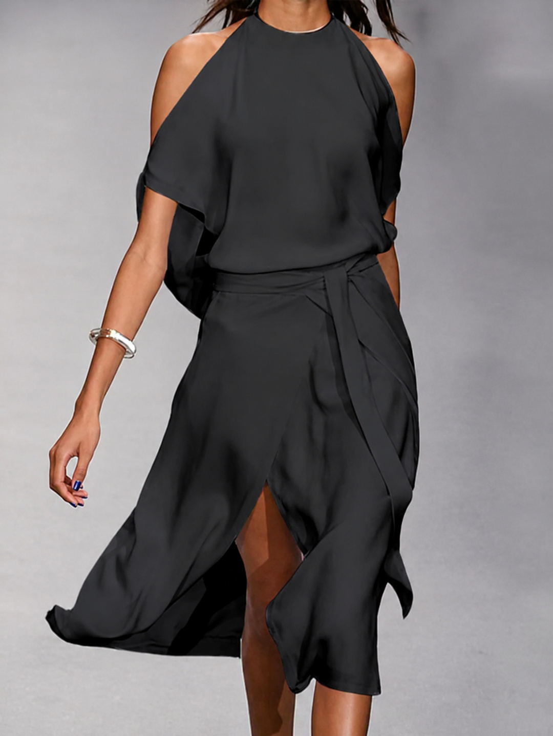 Women's black asymmetric midi dress, featuring a chic open shoulder & tie waist, ideal as a party or cocktail dress.