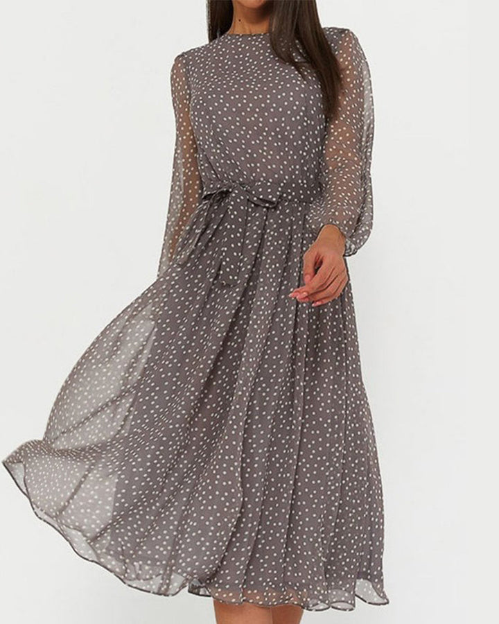 Elegant grey polka dot A-line dress for women, knee-length with long sleeves, perfect for stylish everyday wear.