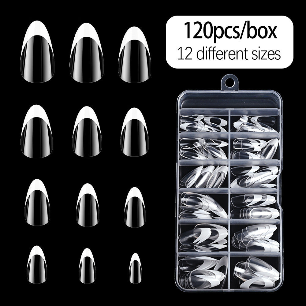 Elegant half-moon blue French tip press-on nails for women, perfect for DIY manicures and stylish artificial nail art.