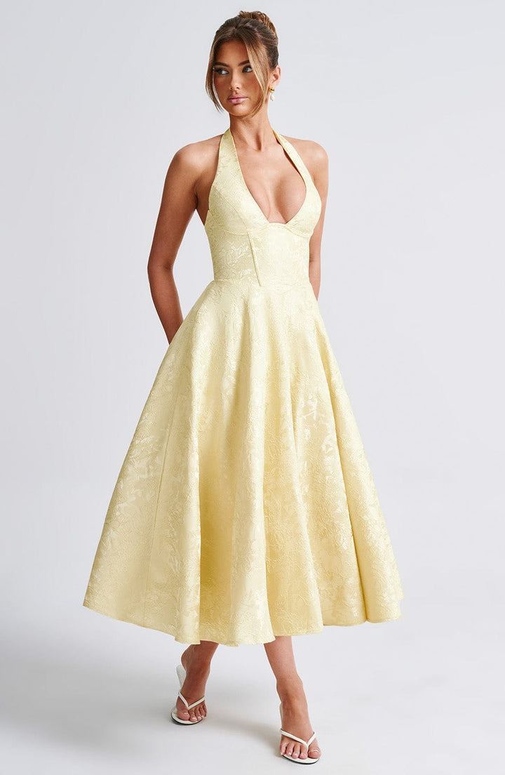 Classic elegant halter midi dress, a stunning choice for any special event or formal party.