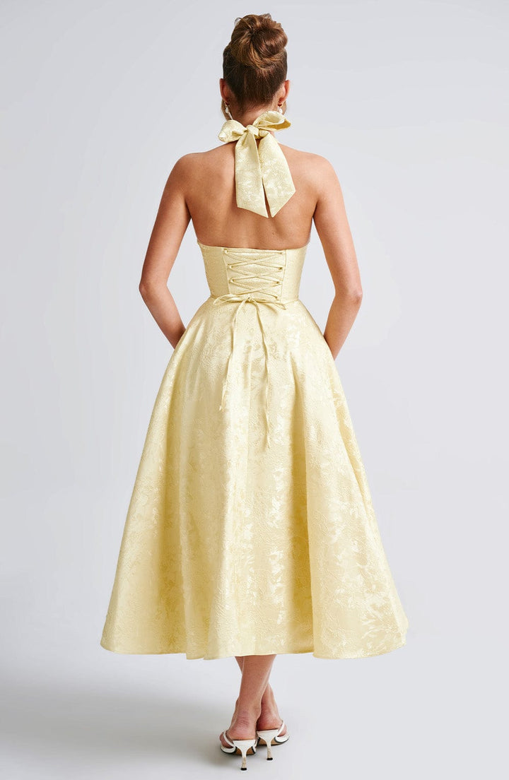 Stylish elegant halter midi dress, a beautiful option for formal occasions & evening parties.