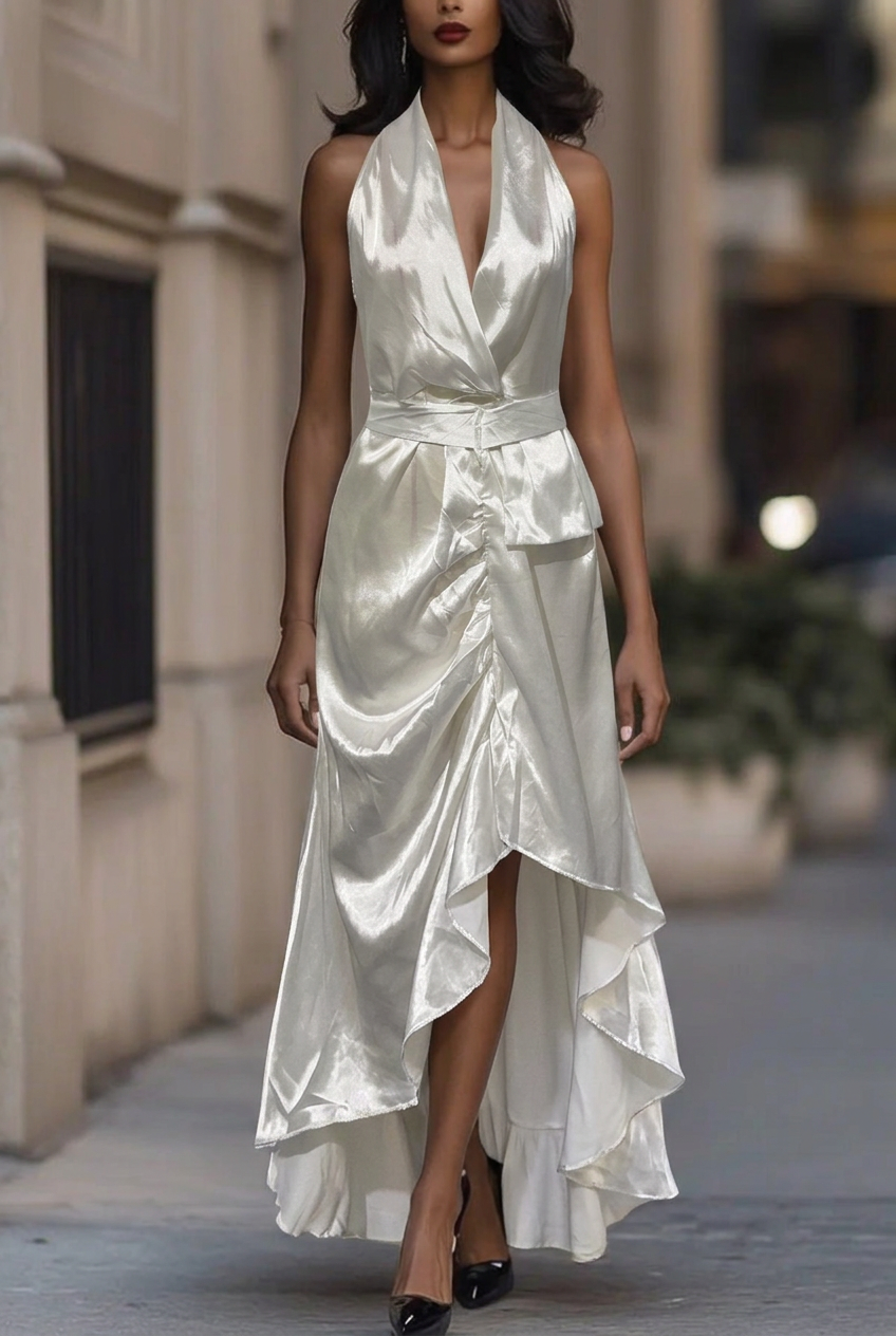 Glamorous women's long halterneck dress, ideal for black-tie events, proms, or special celebrations.