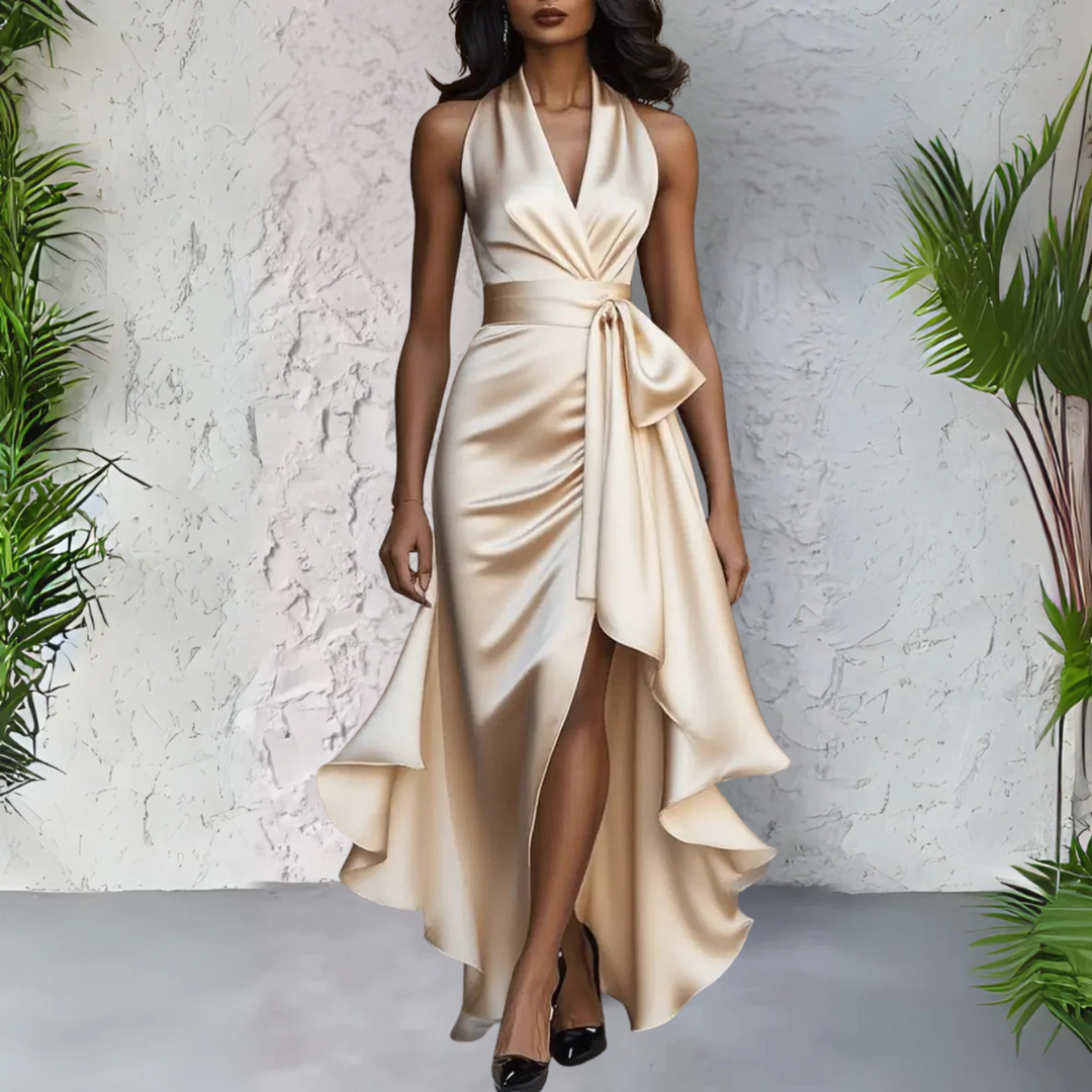 Stunning women's party halterneck maxi dress, a chic choice for any celebratory gathering.