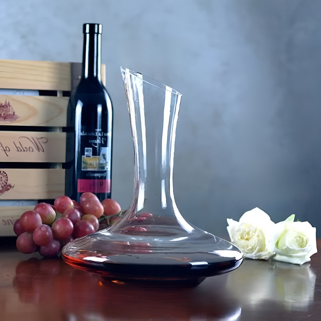 Elegant handmade crystal wine decanter with unique shape, perfect for enhancing wine aroma & barware collection.