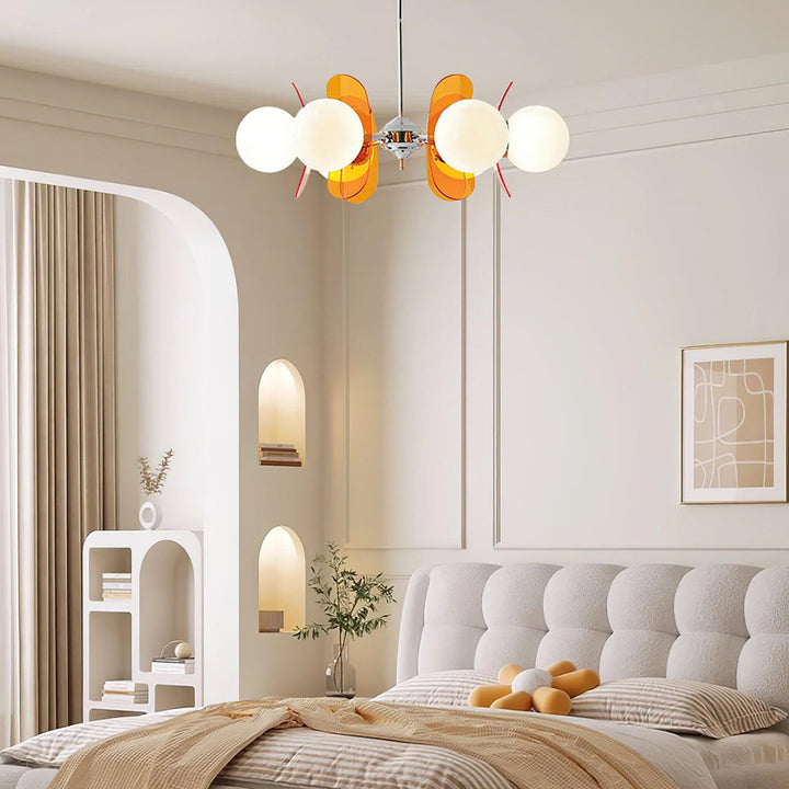 Modern petal design chandelier, adjustable for varied ceiling heights.