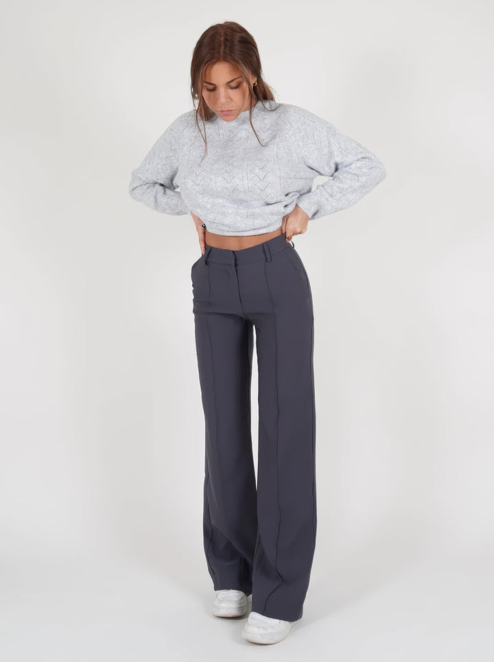 Chic high-waisted wide-leg trousers, a fashion staple for elegant and casual women's outfits.