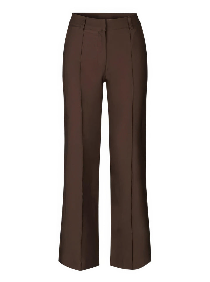 Back view of women's elegant high-waisted wide-leg trousers, highlighting the modern cut.