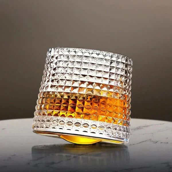 Elegant Japanese Edo style spinning whiskey tumbler, handcrafted glass, perfect for bourbon & spirits. Unique barware gift.