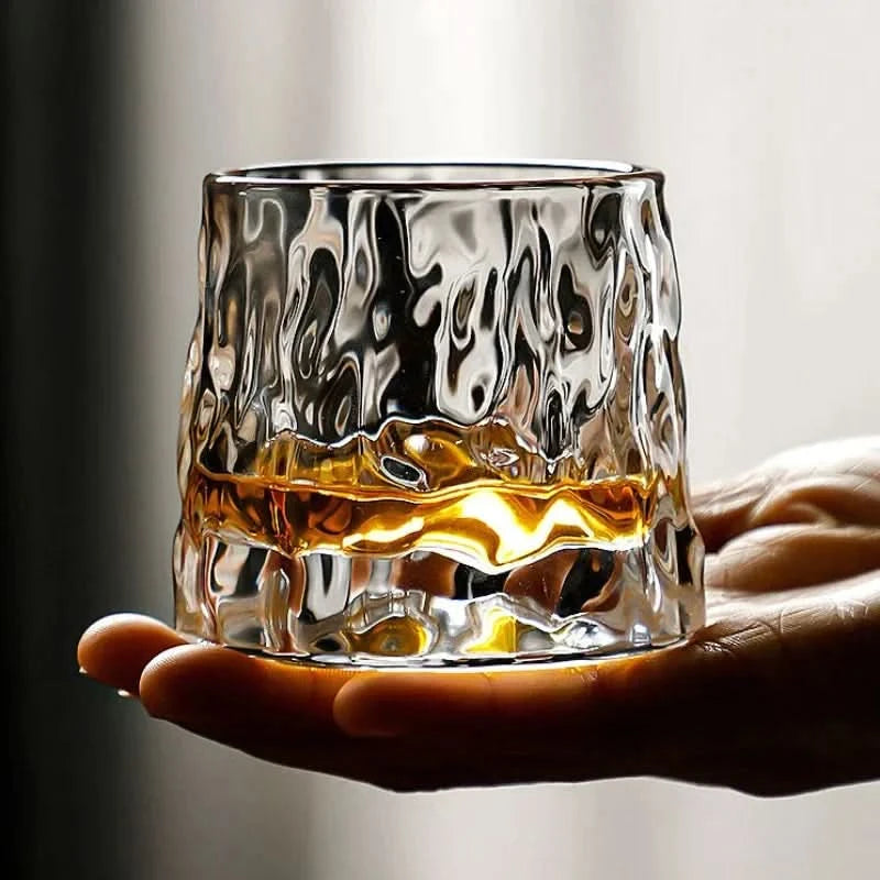 Exquisite Japanese spinning whiskey tumbler. Edo style glass for bourbon, scotch & unique spirit drinkware.