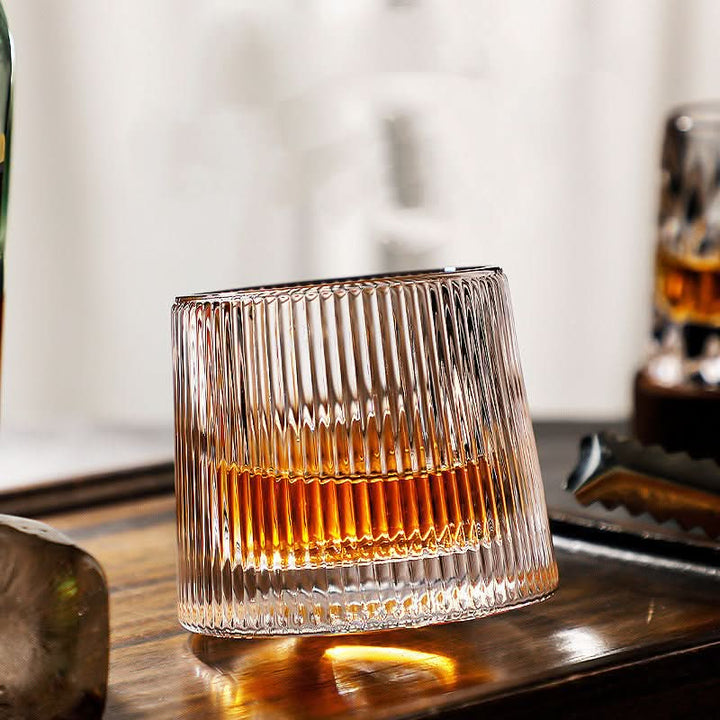 Pair of unique Japanese Edo style spinning whiskey tumblers. Elegant barware gift for whiskey & bourbon lovers.