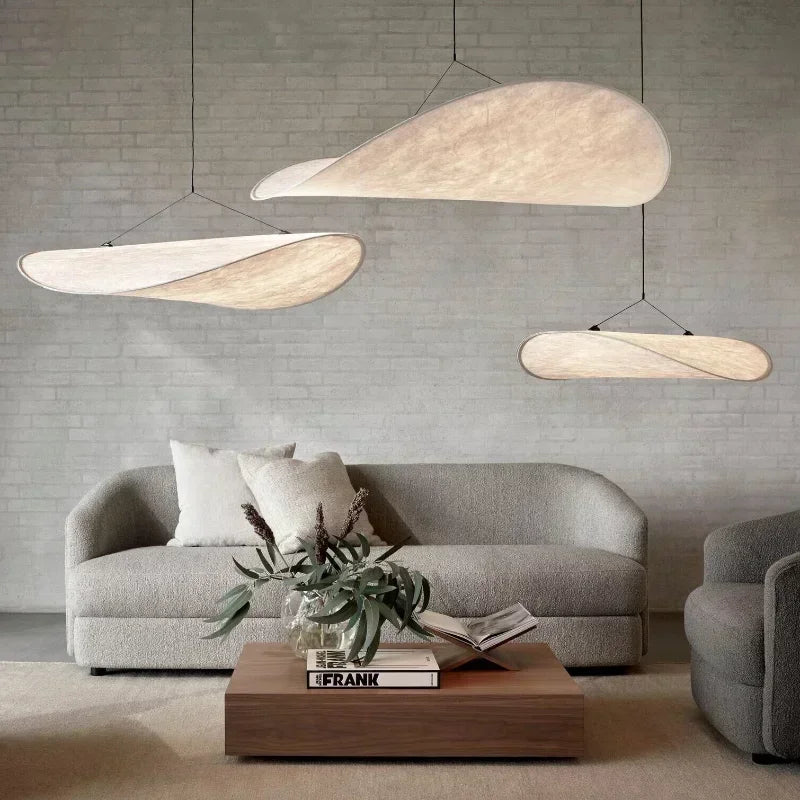 Elegant Japanese silk chandelier with handcrafted wave design. Perfect for modern home decor & ambient light.