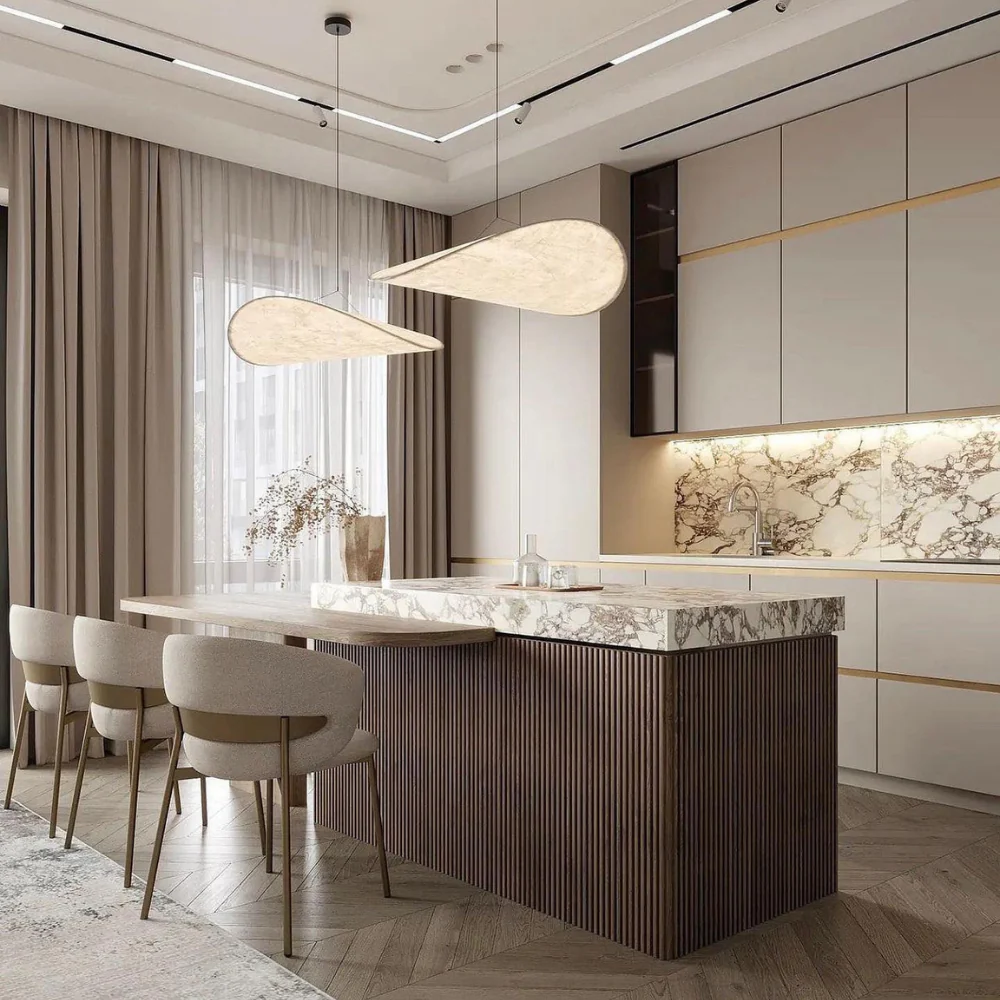 Modern elegance: Japanese silk chandelier, handcrafted with a graceful wave design. Ideal ambient ceiling lighting.