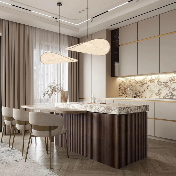 Modern elegance: Japanese silk chandelier, handcrafted with a graceful wave design. Ideal ambient ceiling lighting.