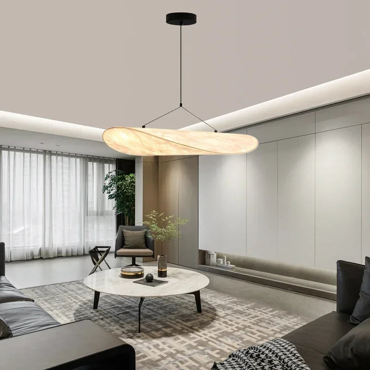 Handcrafted Japanese silk ceiling lamp, elegant wave design chandelier. Provides ambient light, perfect for modern decor.