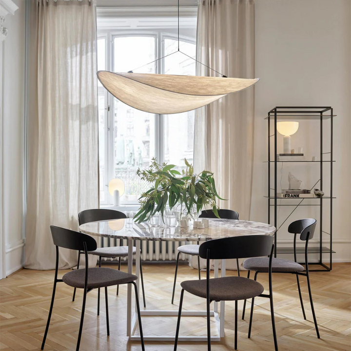 Ambient ceiling lamp: elegant Japanese silk chandelier, handcrafted with a flowing wave design for peaceful lighting.