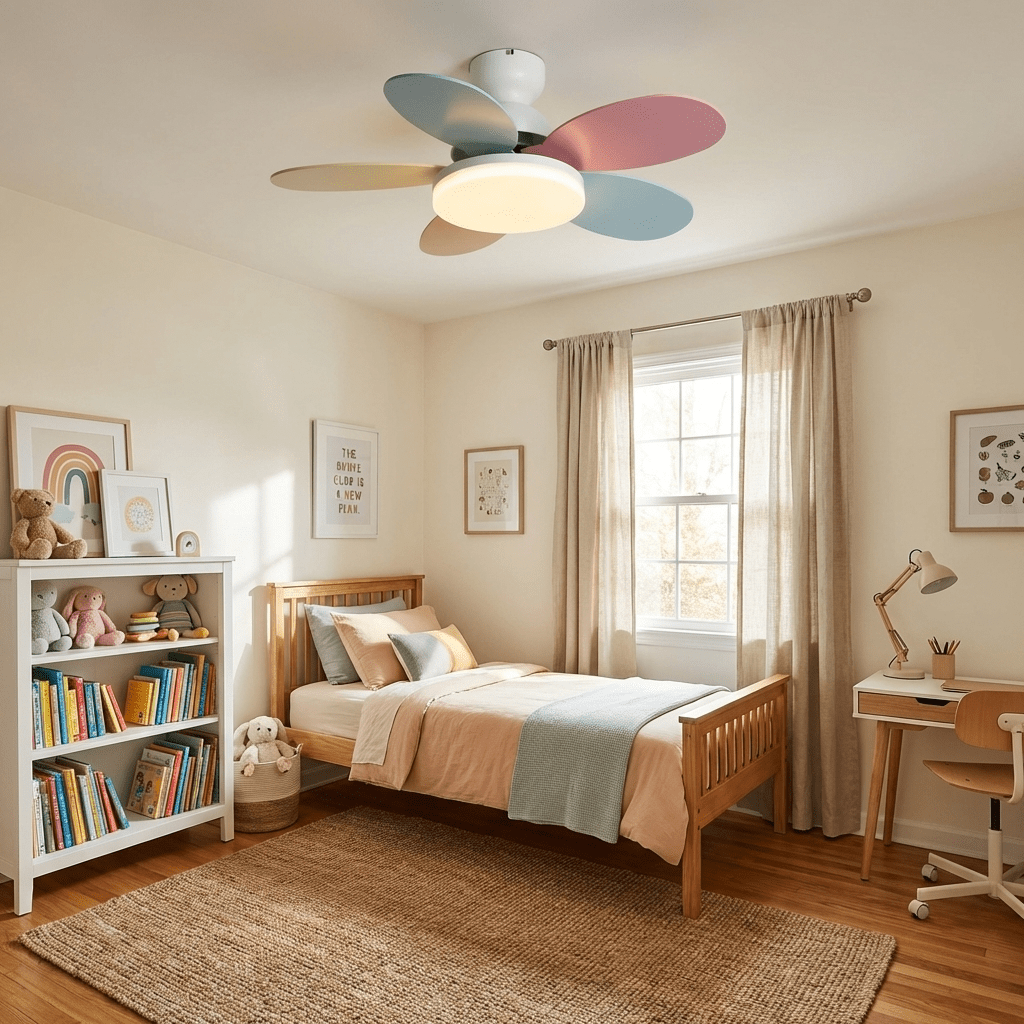 Brushed nickel LED ceiling fan, modern design, warm LED light, perfect for living room.