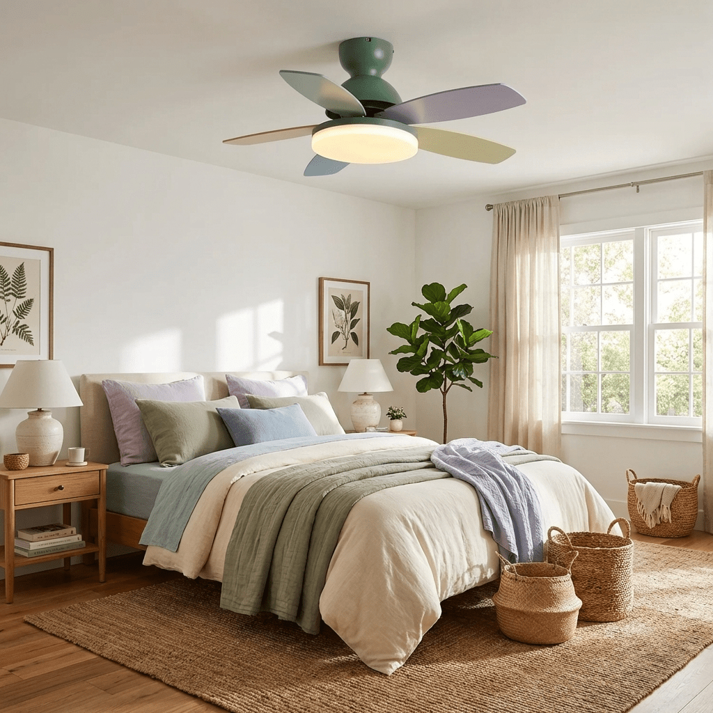 Ceiling fan light with remote, wood grain blades, modern LED, ideal for home decor lighting.