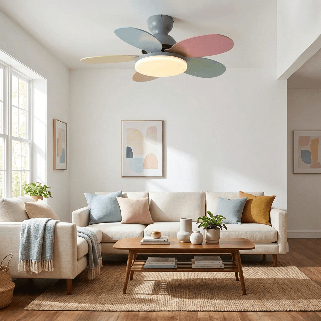 Energy efficient LED ceiling fan, quiet, with remote control and contemporary design.