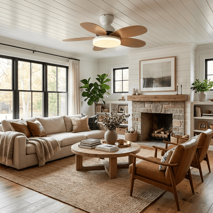 Warm light LED ceiling fan, stylish wood blades, remote control for modern indoor spaces.