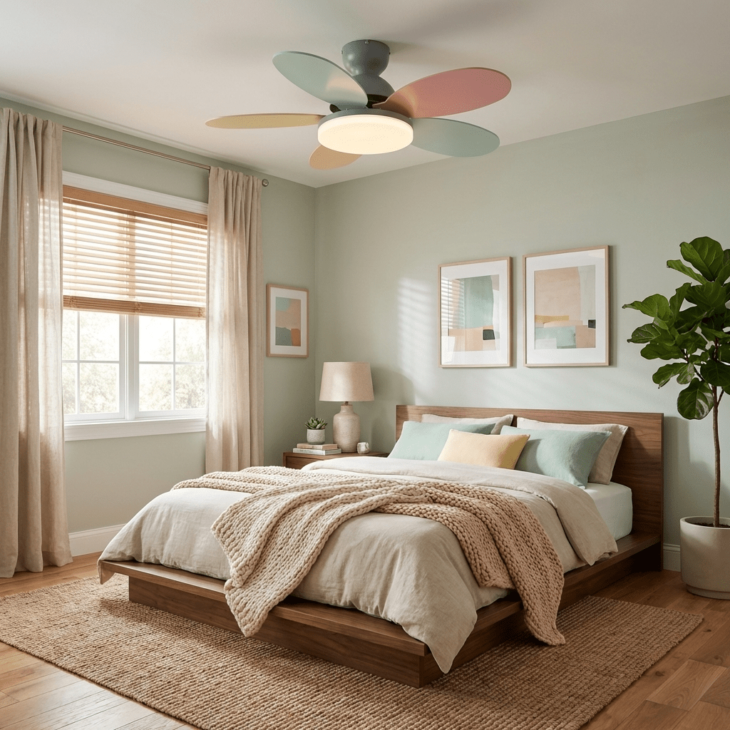 Quiet living room fan, LED light, remote controlled, energy-saving, sleek modern design.