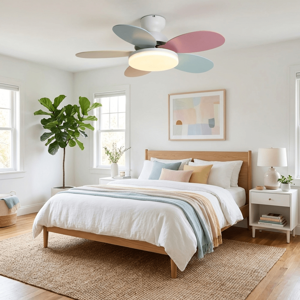 Bedroom LED ceiling fan light, modern, quiet, with remote and warm dimmable illumination.