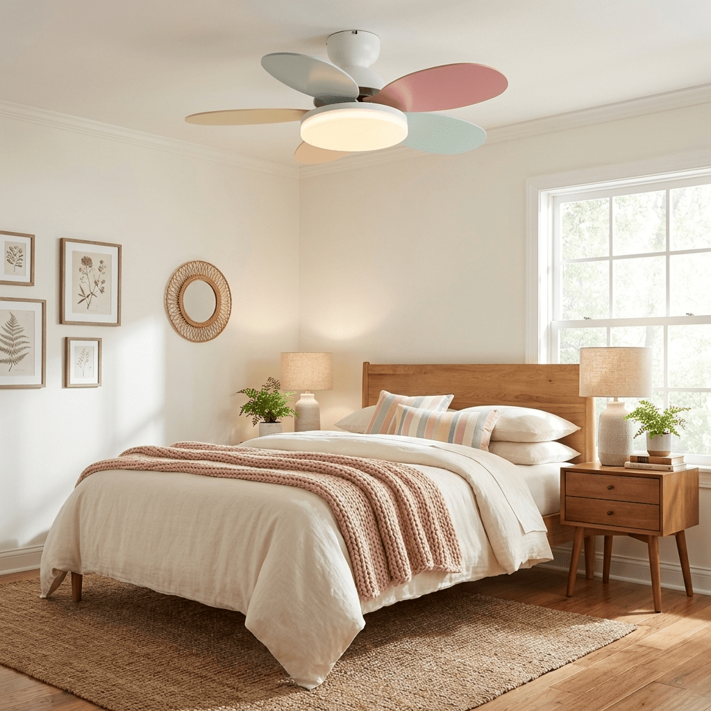 Modern home decor LED ceiling fan, wood blades, remote control, quiet and energy-efficient.