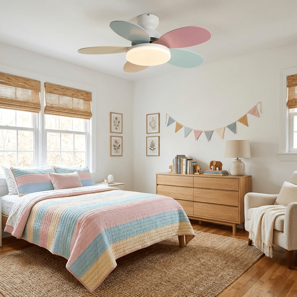Indoor lighting LED ceiling fan, elegant design, quiet motor, with convenient remote.