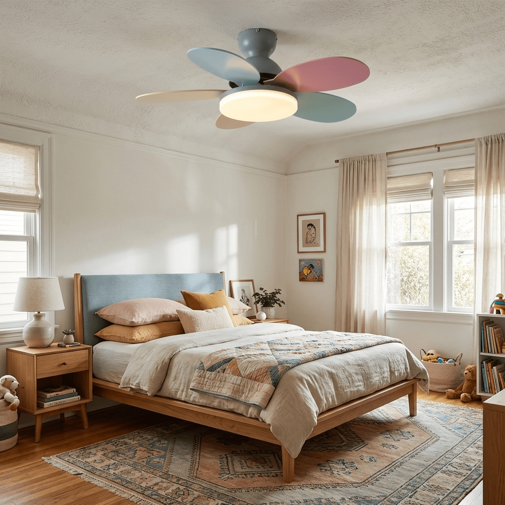 Stylish LED fan light, contemporary, wood-look blades, remote for optimal comfort.