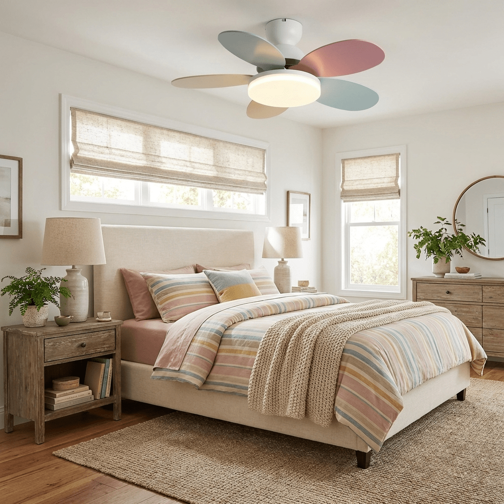 Elegant LED ceiling fan with remote, modern design, quiet, perfect for open plan living.
