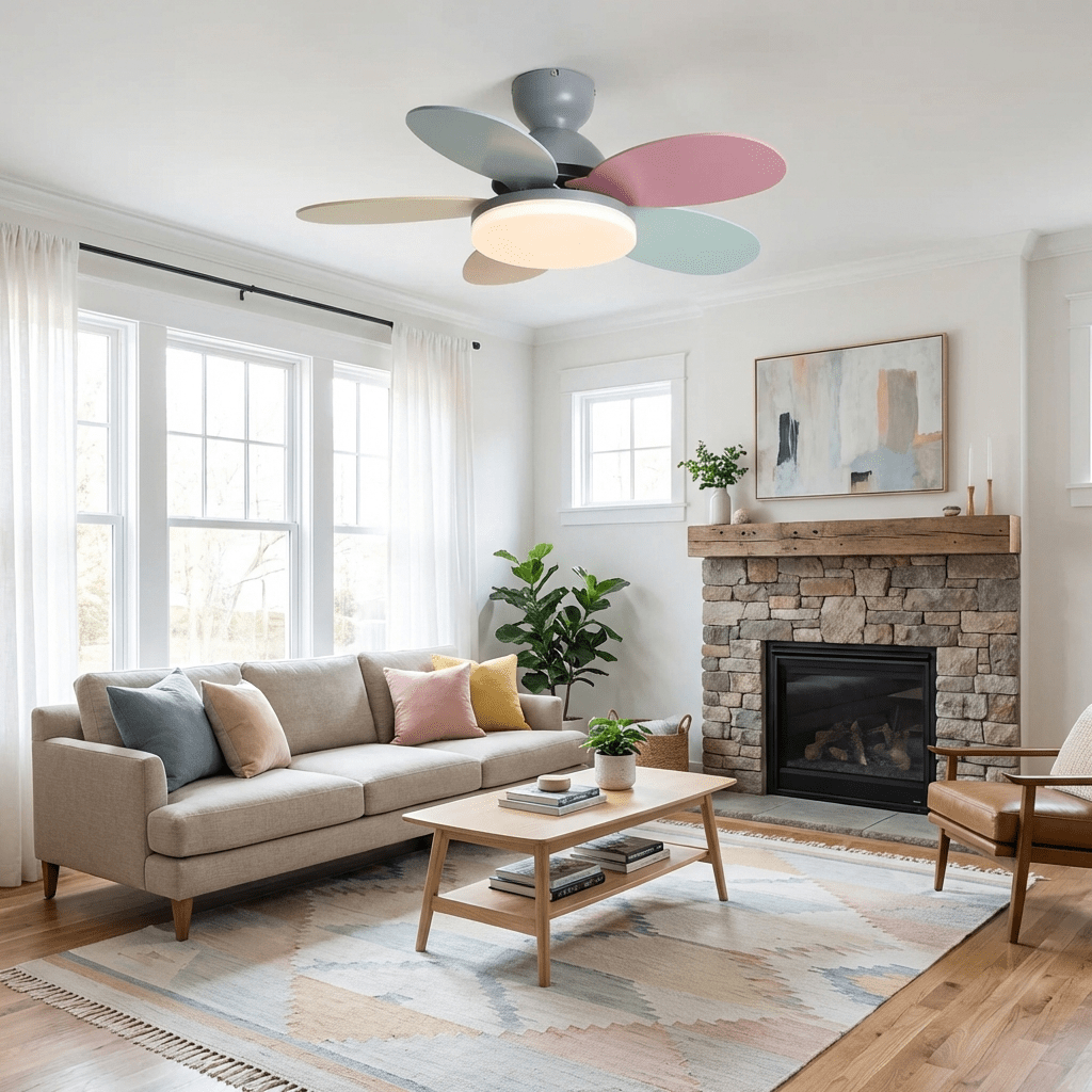 Sophisticated LED fan, energy efficient, warm light, wood blades, remote for easy use.
