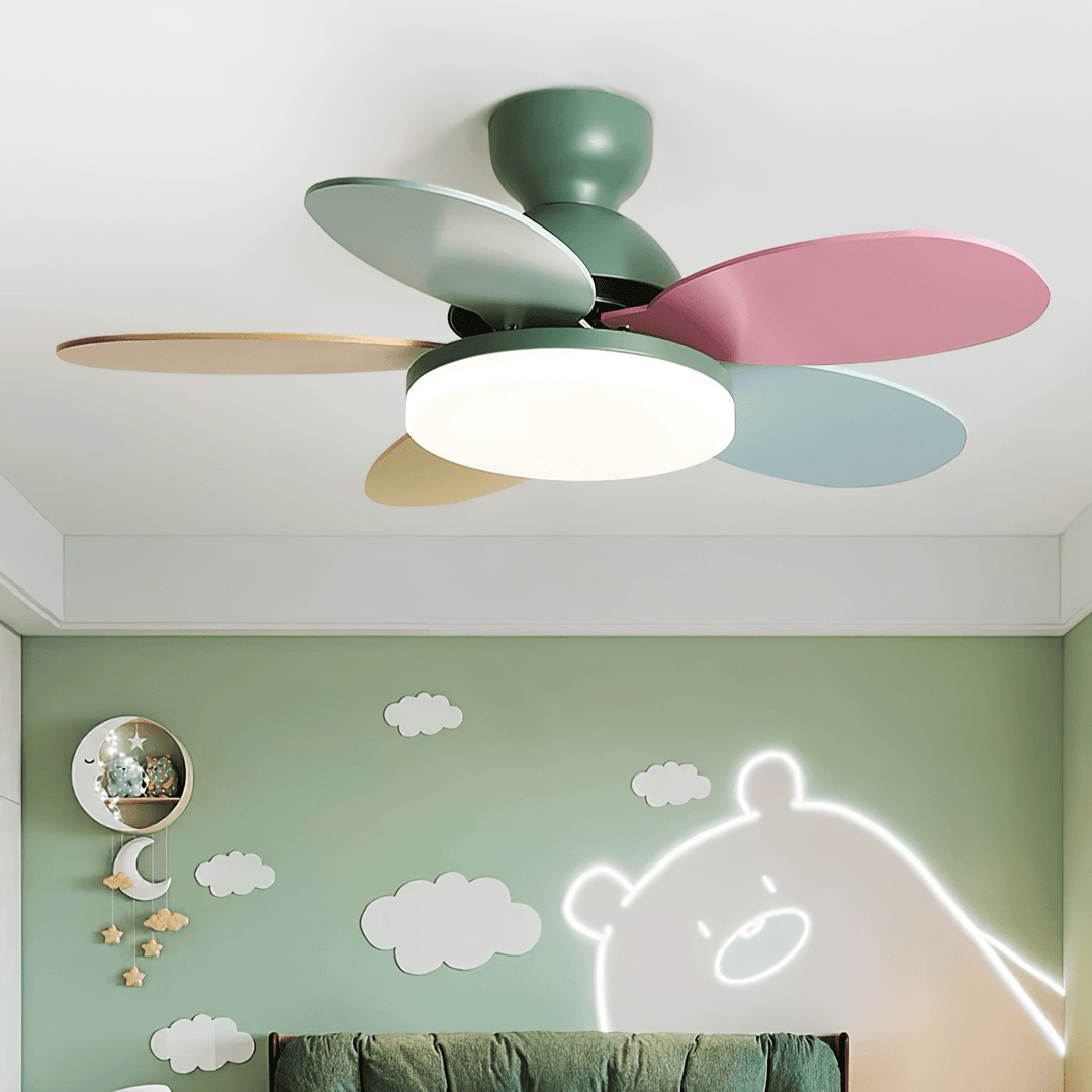Contemporary LED fan, dimmable warm light, wood finish blades, remote for modern homes.