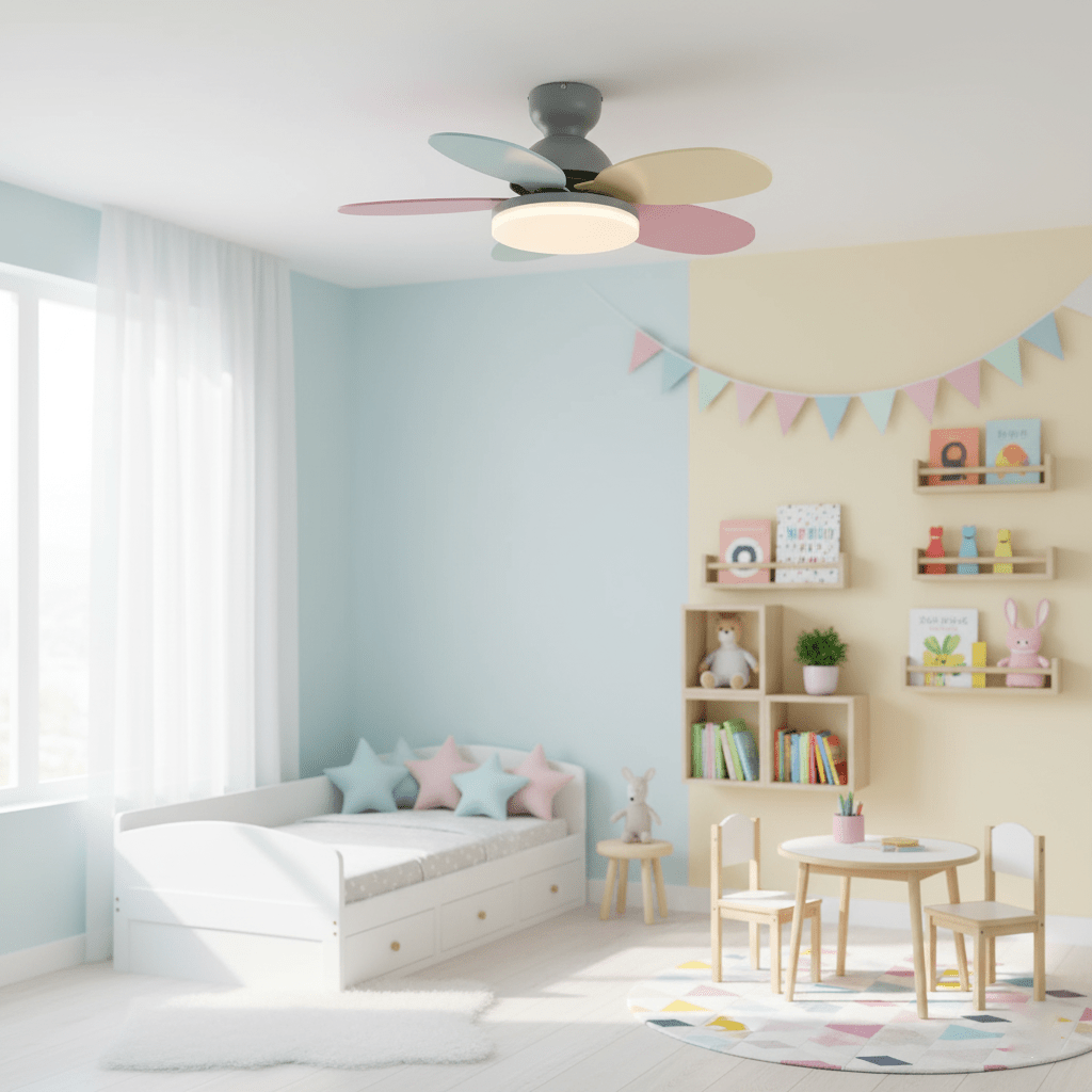 Quiet LED ceiling fan for bedrooms, remote control, energy efficient, stylish modern design.