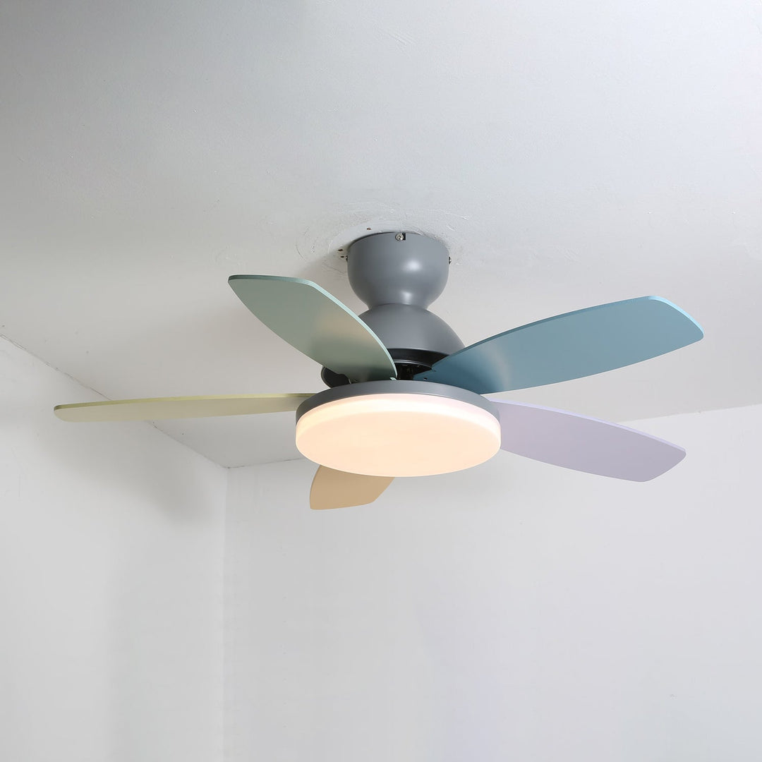 Stylish LED fan light, contemporary, wood-look blades, remote control for living areas.
