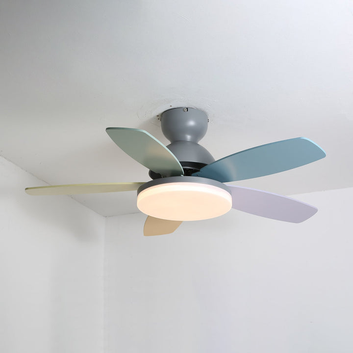 Stylish LED fan light, contemporary, wood-look blades, remote control for living areas.