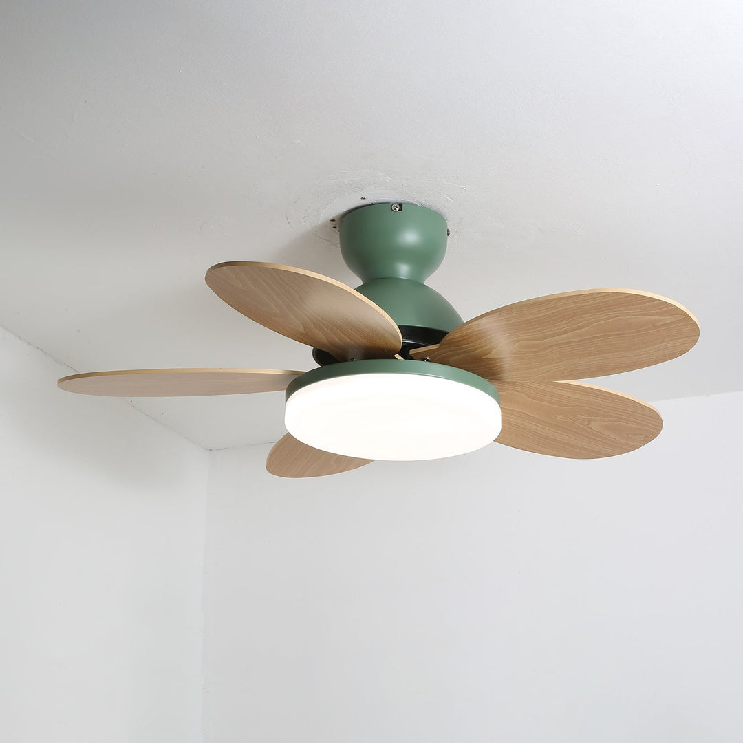 Modern LED ceiling fan, wood blades, remote controlled, quiet motor for tranquil spaces.