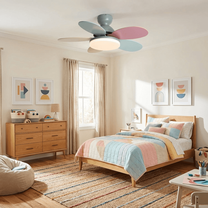 Contemporary LED ceiling fan with remote control, sleek design, quiet operation for home decor.