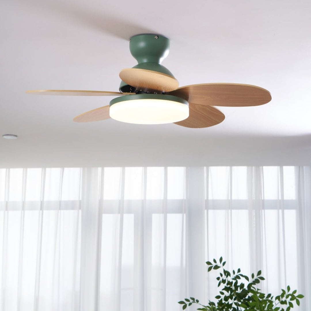Contemporary LED fan, dimmable warm light, wood finish blades, remote for modern spaces.