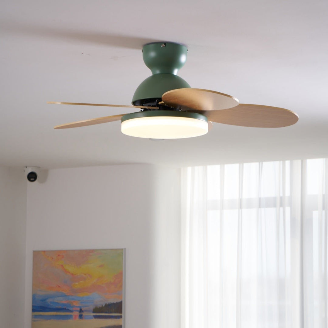 Indoor lighting modern LED ceiling fan, remote, quiet, stylish wood-look blades.