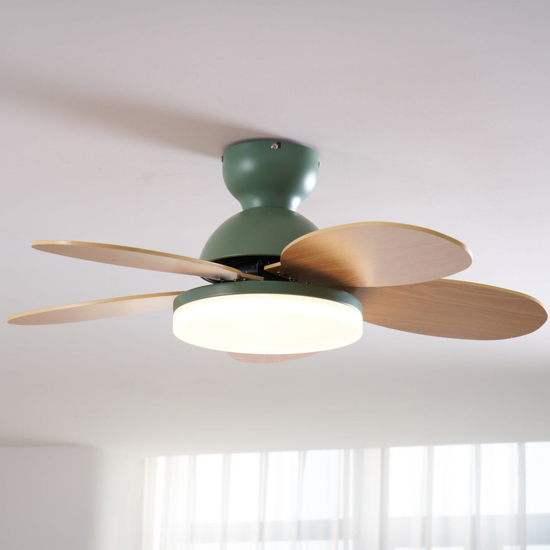 Stylish LED fan light, contemporary, wood-look blades, remote control for open spaces.