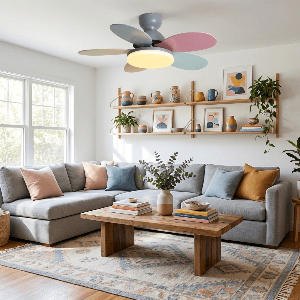 Modern LED ceiling fan light, low profile, wood-look blades, ideal for indoor lighting.