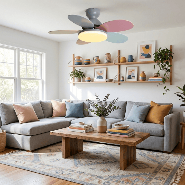 Modern LED ceiling fan light, low profile, wood-look blades, ideal for indoor lighting.