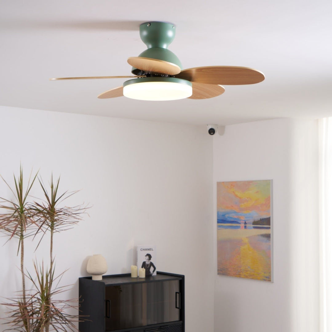 Modern LED ceiling fan, wood blades, remote controlled, quiet motor for peaceful homes.
