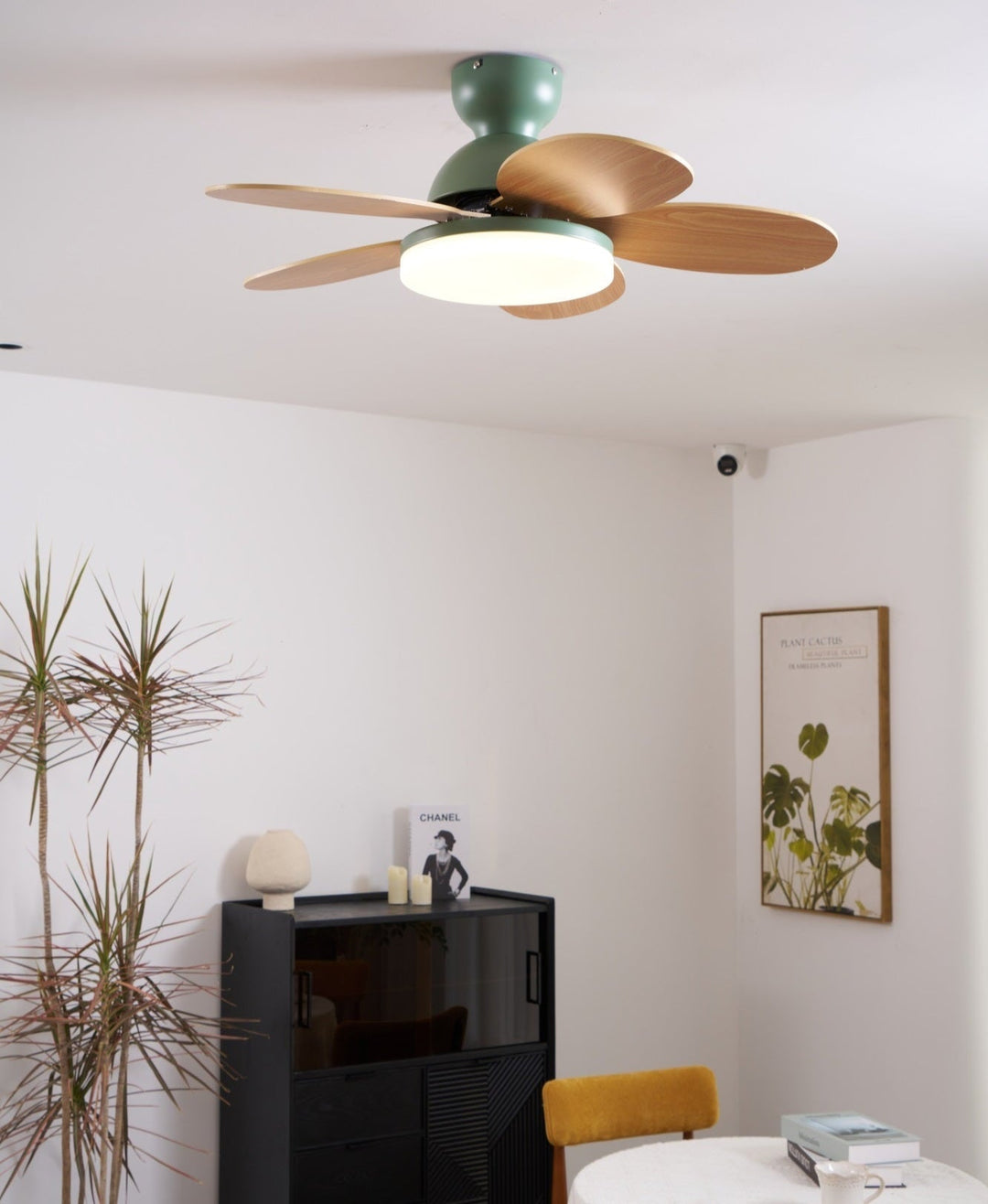 Sophisticated LED ceiling fan, energy efficient, warm light, wood blades, remote operated.