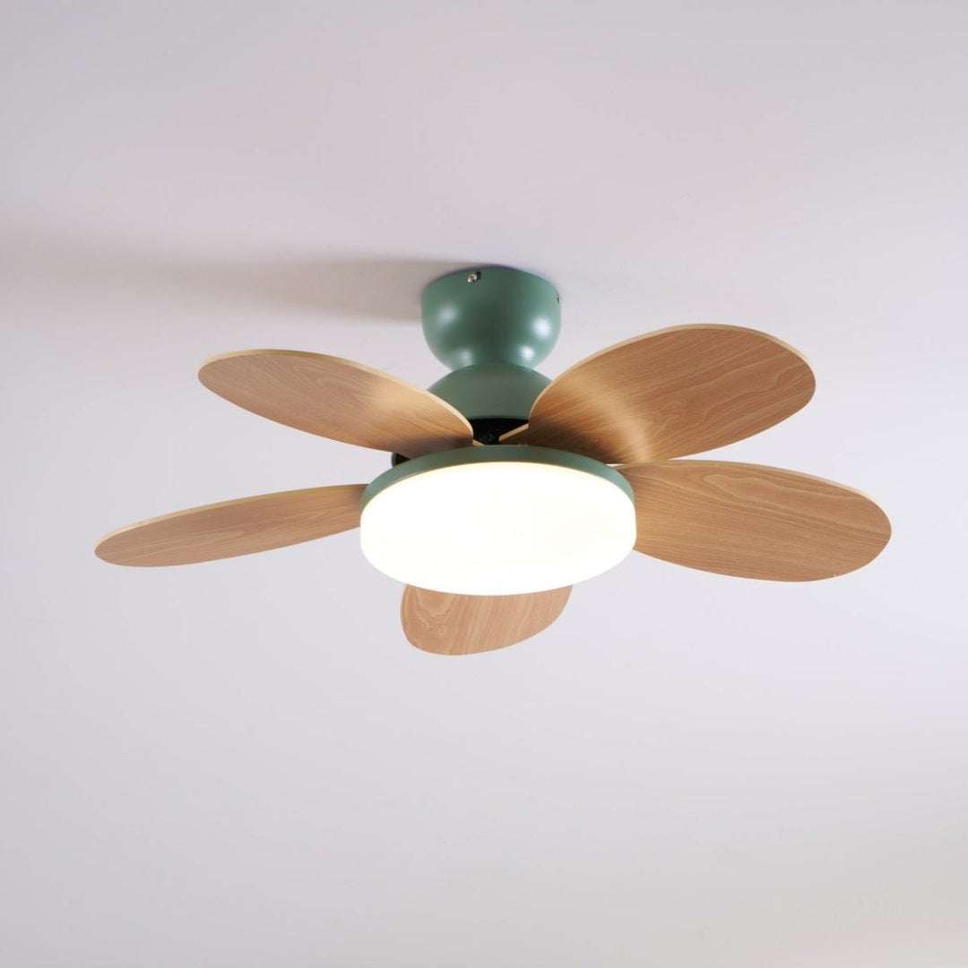 Contemporary LED fan, dimmable warm light, wood finish blades, remote for smart homes.
