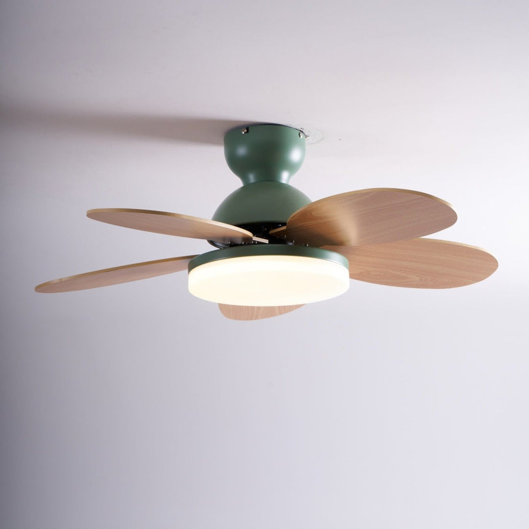 Modern LED ceiling fan light, wood blades, quiet, remote, ideal for guest rooms.