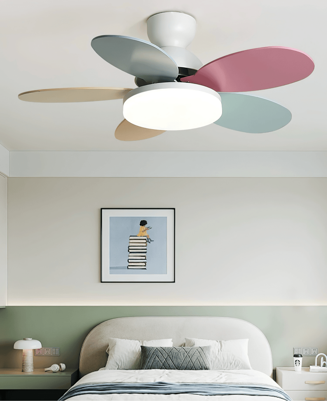 Indoor lighting modern LED ceiling fan, remote, quiet, stylish wood-grain blades.