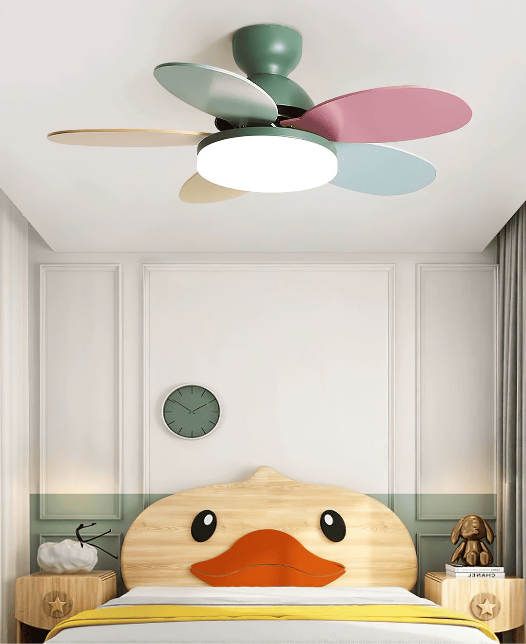 Stylish LED fan light, contemporary, wood-look blades, remote control for offices.