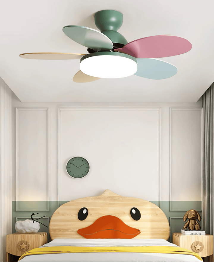 Stylish LED fan light, contemporary, wood-look blades, remote control for offices.