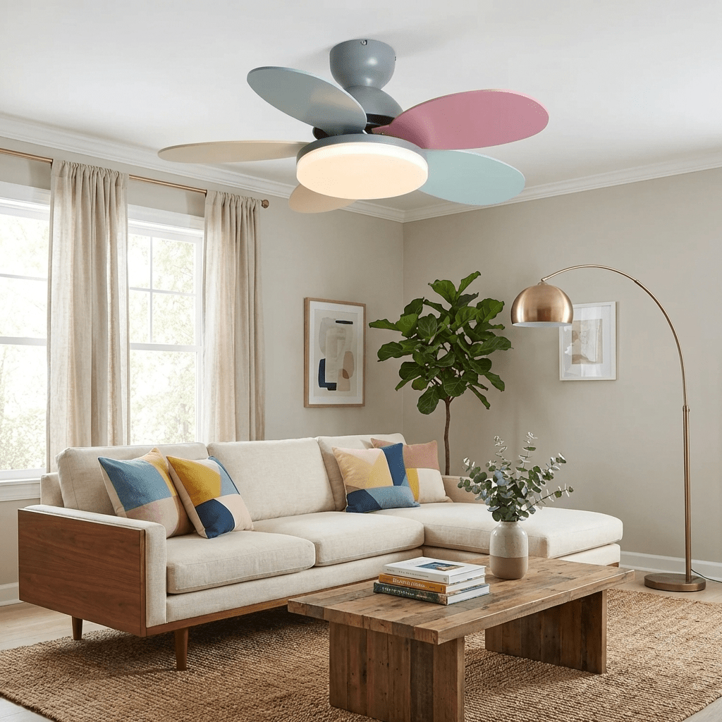 Quiet LED ceiling fan, remote operated, energy-saving for comfortable living spaces.